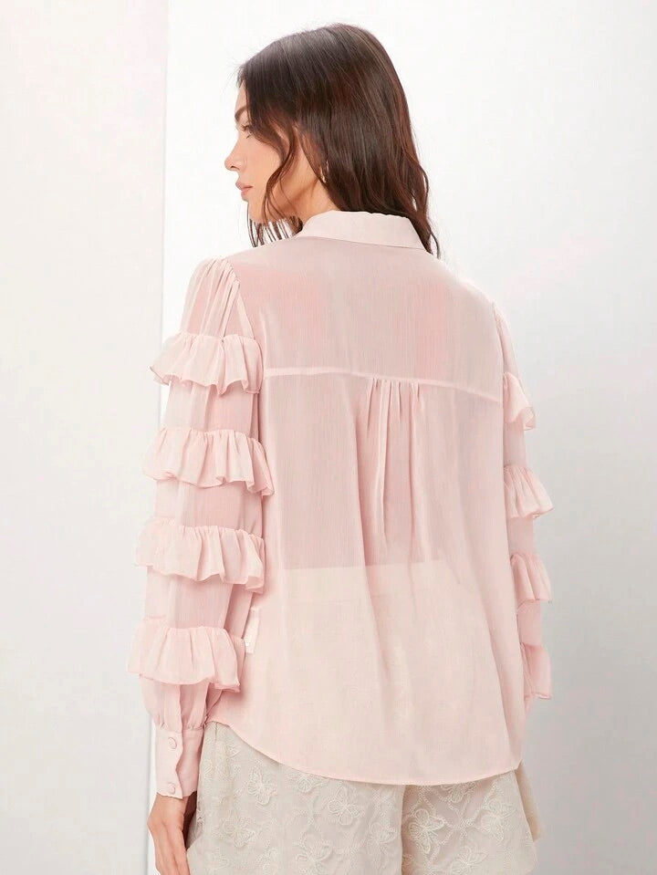 CM-TS615334 Women Casual Seoul Style Multi-Layered Ruffle Hem Blouse - Baby Pink