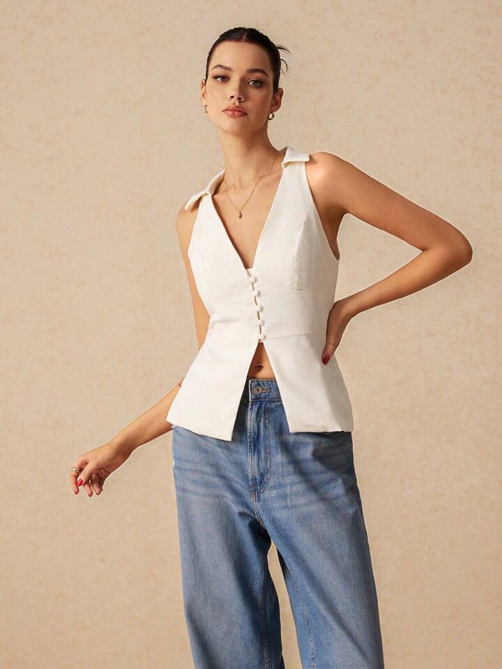 CM-TS484480 Women Casual Seoul Style V-Neck Sleeveless Buttoned Slits Shirt - Apricot