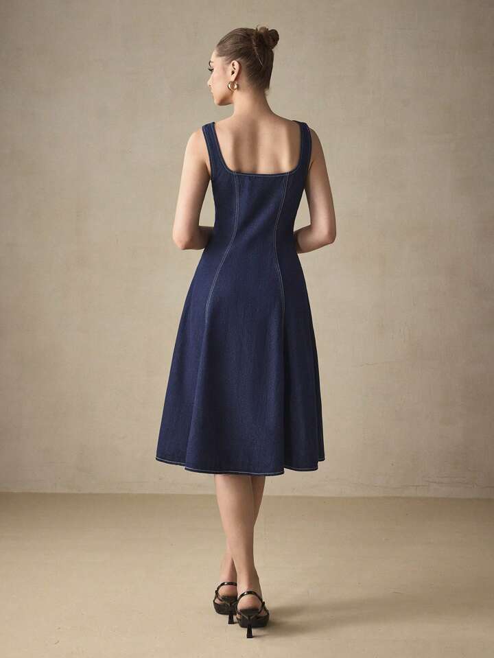CM-DS519878 Women Elegant Seoul Style Solid Color Square Neck Sleeveless Knee Length Denim Dress - Blue