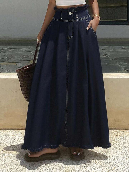 CM-BS395771 Women Casual Seoul Style Dark Wash Mid Waist Loose Distressed Raw Hem Denim Skirt