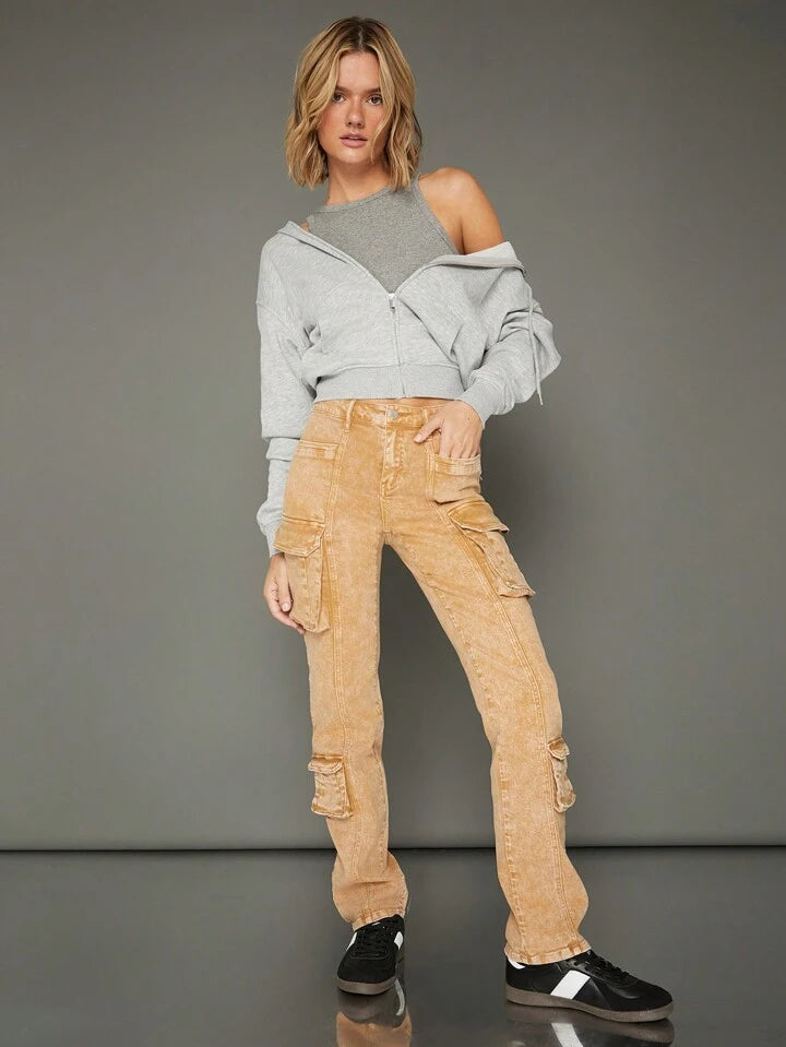 CM-BS124121 Women Casual Seoul Style Premium Denim Straight Leg Cargo Jeans - Khaki