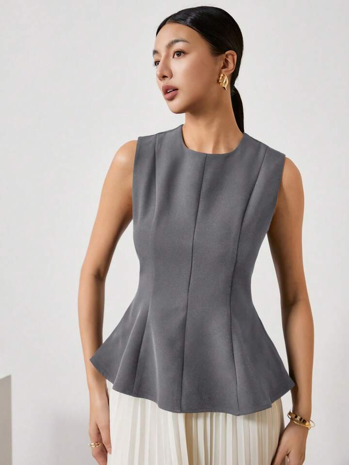 CM-TS122550 Women Elegant Seoul Style Solid Color Crew Neck Sleeveless Pleated Slim Fit T-Shirt - Dark Gray