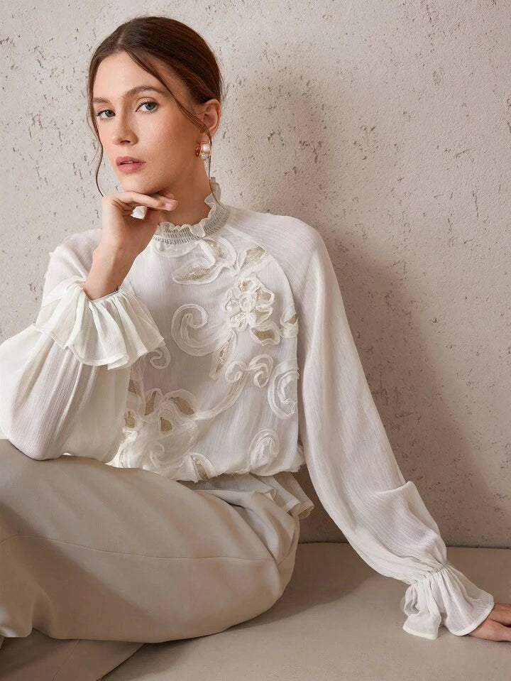 CM-TS233759 Women Trendy Bohemian Style Stand Collar Raglan Sleeve Sequin Decor Loose Fit Blouse - White