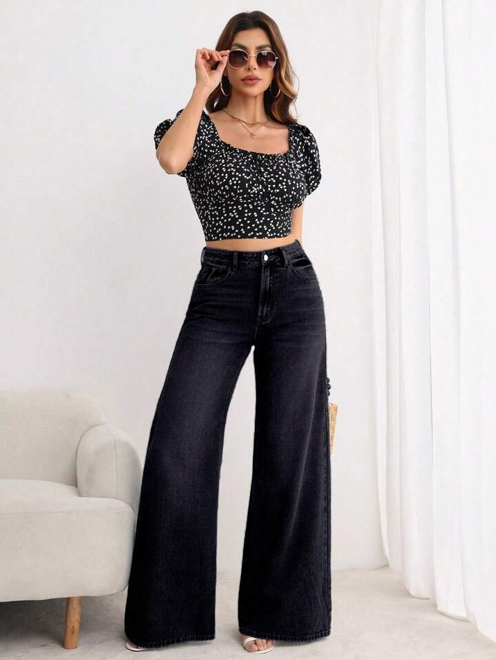 CM-BS078565 Women Elegant Seoul Style Button Front Pocket Loose Wide Leg Jeans - Black
