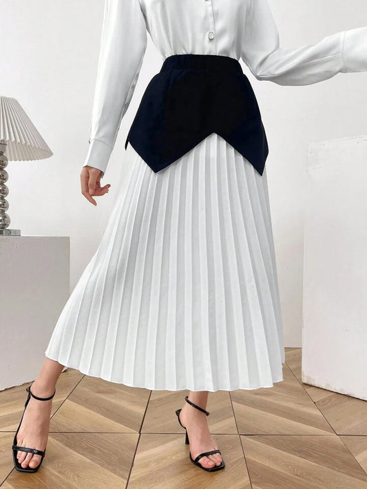 CM-BS695561 Women Elegant Seoul Style Color Block Pleated A-Line Long Skirt