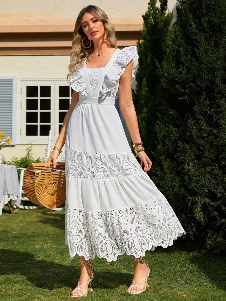 CM-DS973690 Women Elegant Seoul Style Square Neck Mesh Splice Ruffle Hem Dress - White