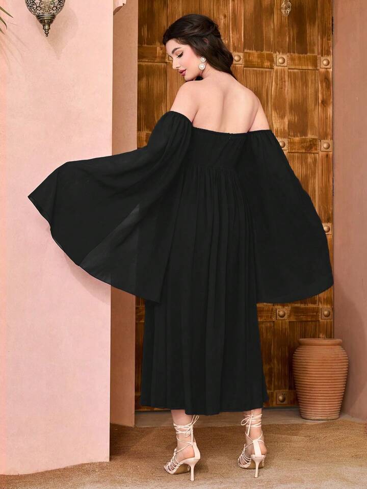 CM-DS339295 Women Elegant Seoul Style Pleated One Shoulder Slit Sleeve Maxi Dress - Black