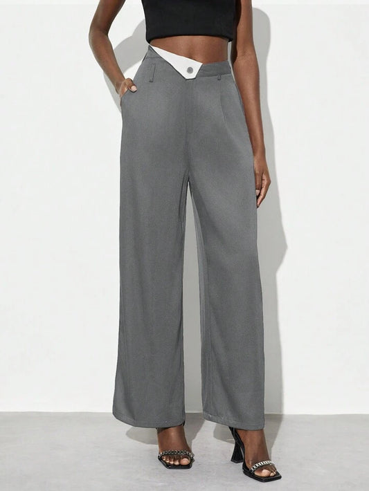 CM-BS830444 Women Elegant Seoul Style Colorblock Asymmetrical High Waist Pants - Dark Gray