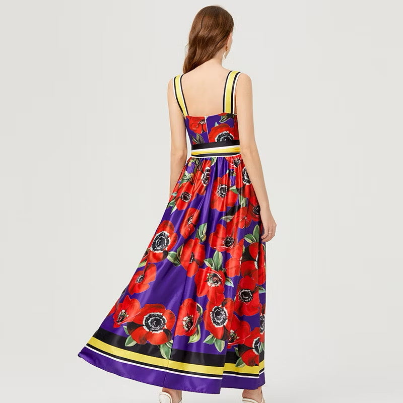 CM-DY007761 Women Casual European Style Floral Prnts Square Neck Sleeveless High Waist Slim Maxi Dress (Available in 2 colors)