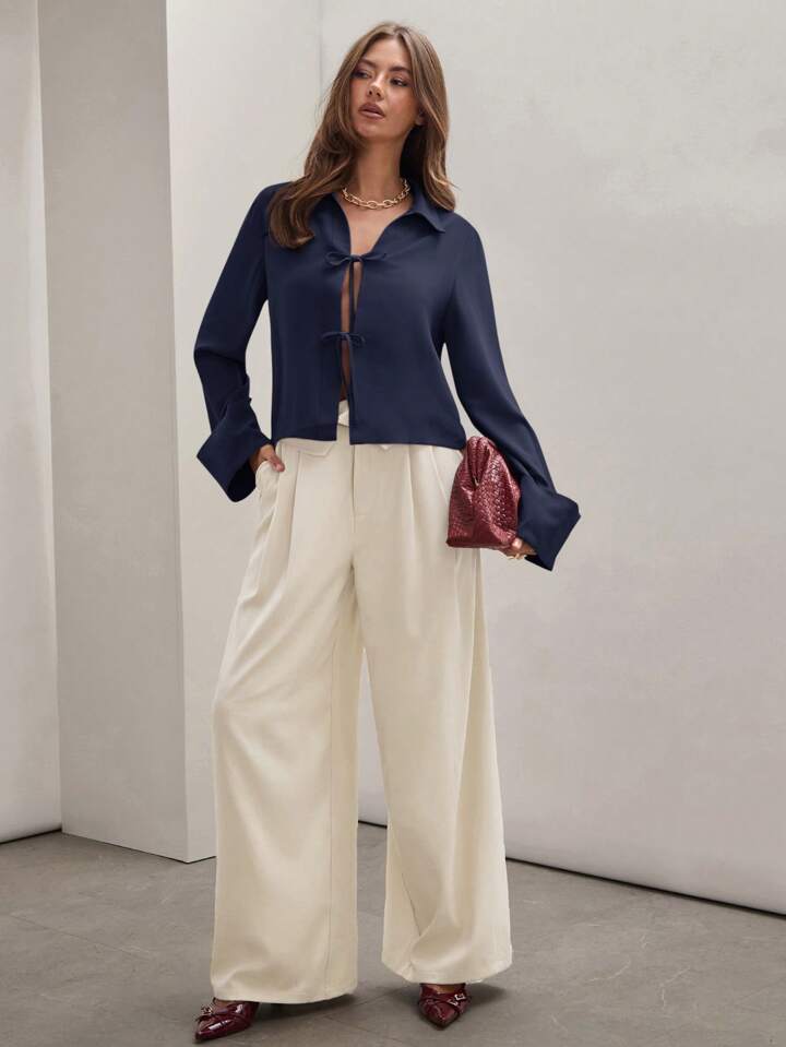 CM-TS870256 Women Trendy Bohemian Style Shirt Collar Front Tie Long Sleeve Shirt - Royal Blue