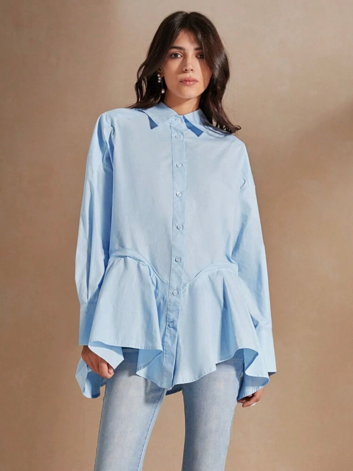 CM-TS493804 Women Casual Seoul Style Solid Color Asymmetrical Hemline Long Sleeve Shirt - Blue