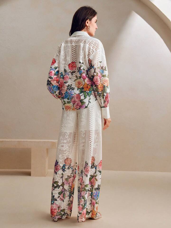 CM-SS045270 Women Elegant Seoul Style Multicolor Print Lace Long Sleeve Shirt With Wide Leg Pants - Set