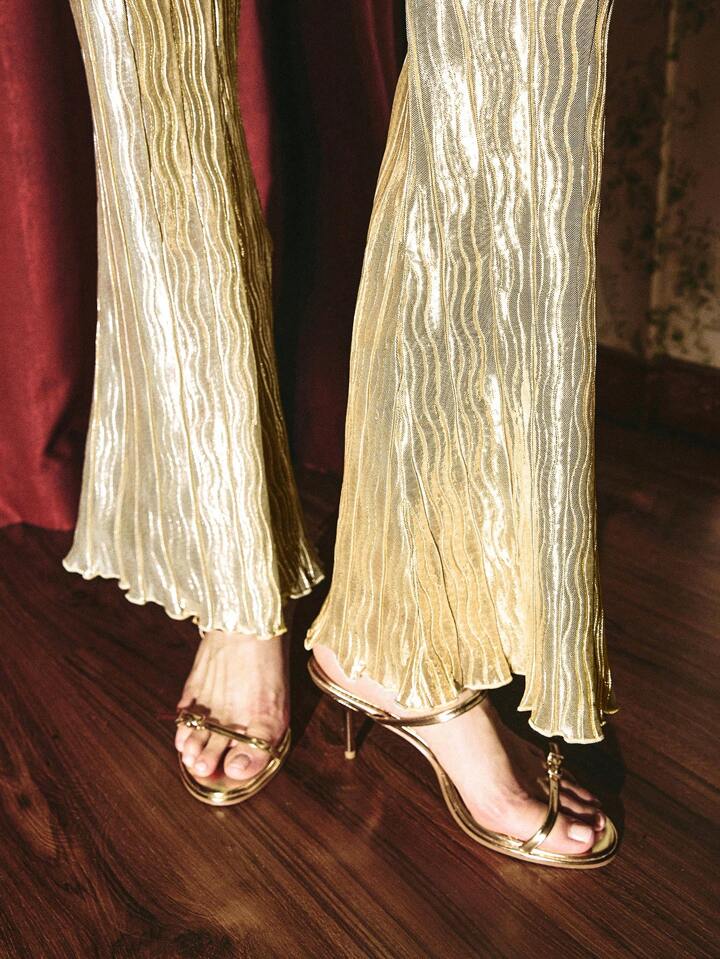 CM-BS120210 Women Elegant Seoul Style Elastic Waist Pleated Straight Loose Pants - Gold