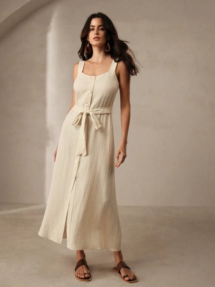 CM-DS023434 Women Trendy Bohemian Style Scoop Neck Double-Layer Cotton Waist-Tied Tank Dress