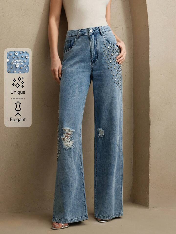 CM-BS971997 Women Elegant Seoul Style Mid Waist Rhinestone Studded Straight-Leg Jeans - Blue