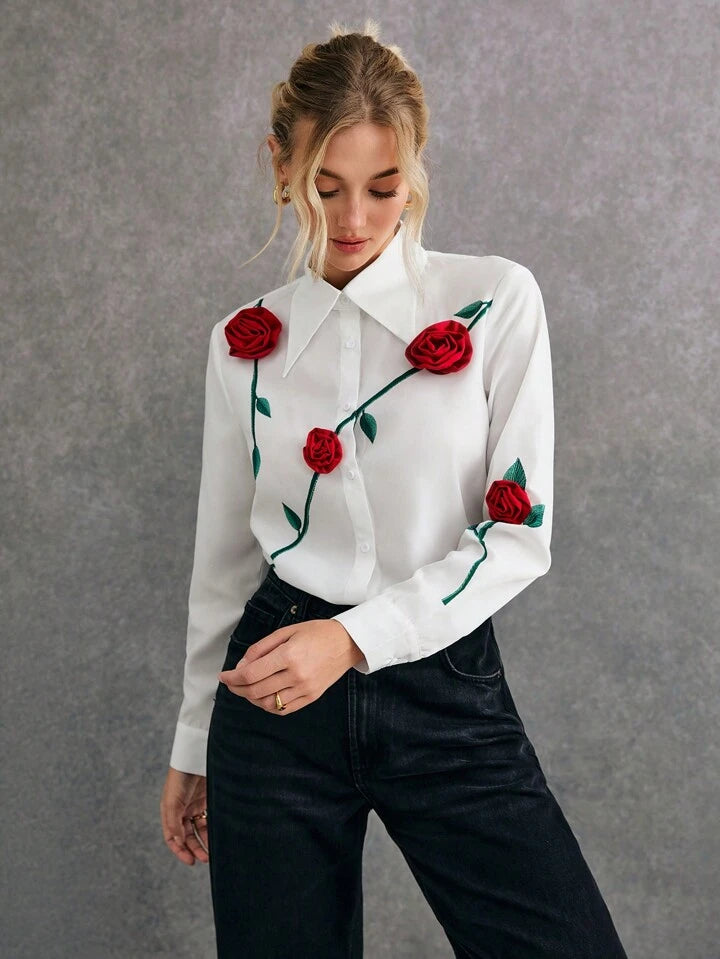 CM-TS821266 Women Elegant Seoul Style 3D Floral Print Embroidery Front Button Long Sleeve Shirt