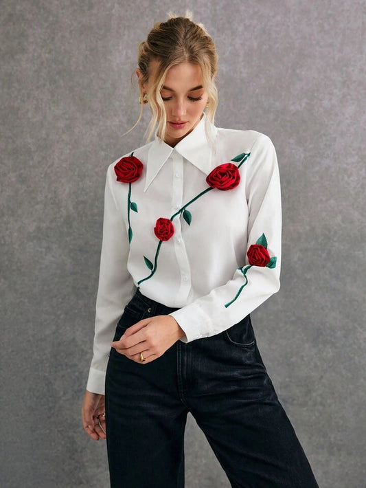 CM-TS821266 Women Elegant Seoul Style 3D Floral Print Embroidery Front Button Long Sleeve Shirt