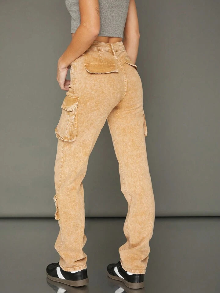 CM-BS124121 Women Casual Seoul Style Premium Denim Straight Leg Cargo Jeans - Khaki