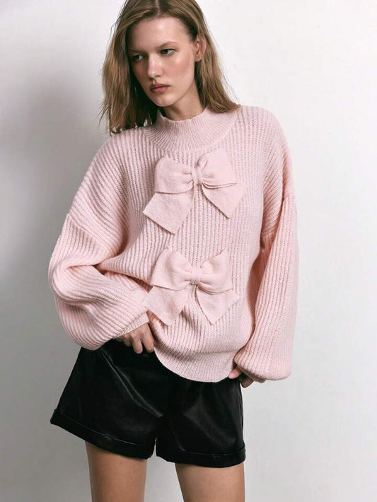 CM-CS237235 Women Casual Seoul Style Stand Collar Drop Shoulder 3D Bow Knit Sweater - Pink