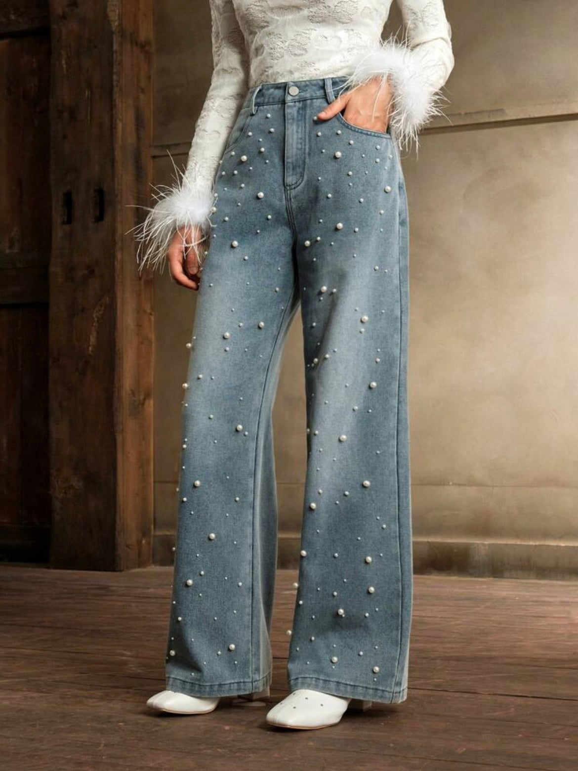 CM-BS784611 Women Elegant Seoul Style Light Wash Pearl Wide Leg Denim Trousers