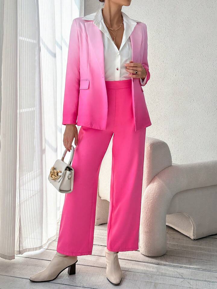 CM-SS929197 Women Elegant Seoul Style Gradient Pointed Lapel Collar Blazer With Pants Suit - Pink