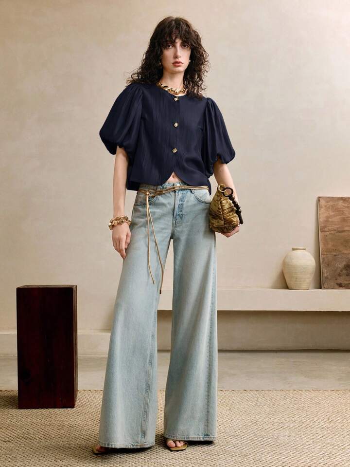 CM-TS037439 Women Elegant Seoul Style Satin Round Neck Puff Sleeve Golden Metal Button Decor Blouse - Navy Blue