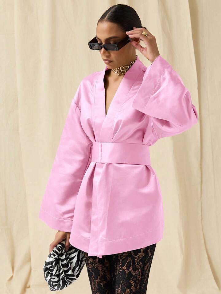 CM-DS784692 Women Elegant Seoul Style Solid Color Deep V-Neck Bell Sleeve Mini Dress - Pink