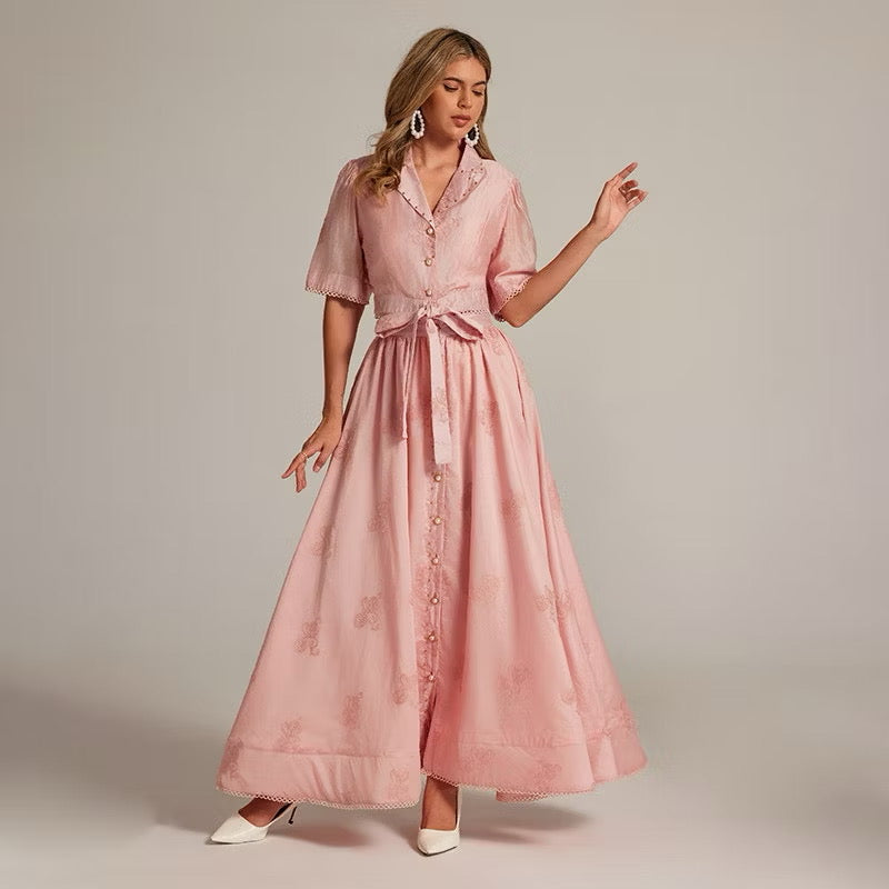 CM-SY035589 Women Elegant European Style Collar Neckline Half Sleeve Beads Decor Blouse With High Waist Long Skirt - Set