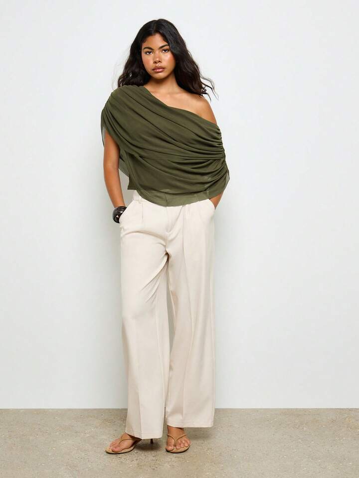 CM-TS345339 Women Elegant Seoul Style Off Shoulder Ruched Draped Long Sleeve Blouse - Army Green