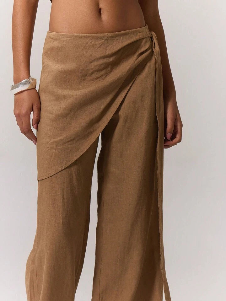 CM-BS115332 Women Trendy Bohemian Style Linen Look Layered Straight Leg Trousers - Brown