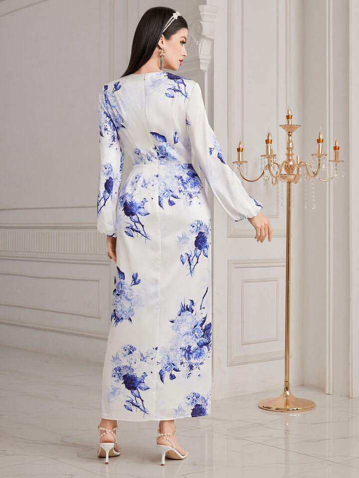 CM-DS919193 Women Elegant Seoul Style Square Neck Floral Print Lantern Sleeve Dress