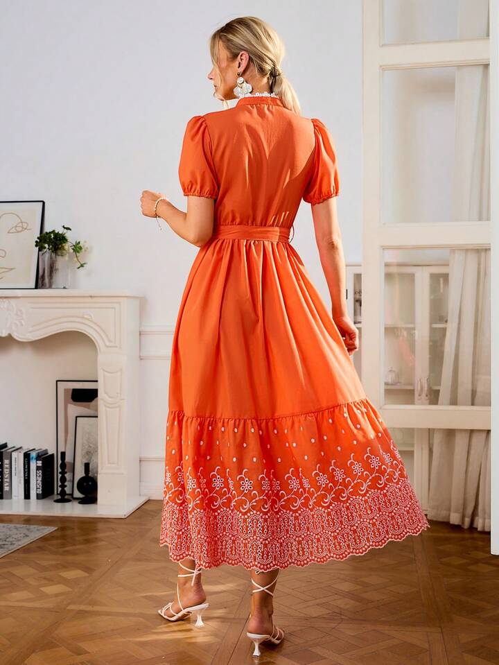CM-DS097140 Women Elegant Seoul Style Stand Collar Puff Sleeve Embroidery Dress - Orange