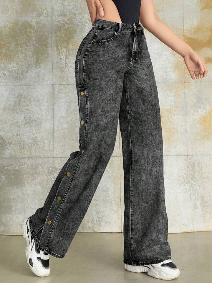 CM-BS145545 Women Vintage Seoul Style High Waist Metal Buckle Side Slant Pocket Wide Leg Jeans - Gray