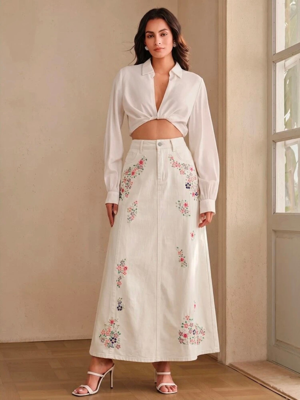 CM-BS268706 Women Casual Seoul Style Mid Waist Embroidery Slimming Design Split A-Line Denim Skirt - White
