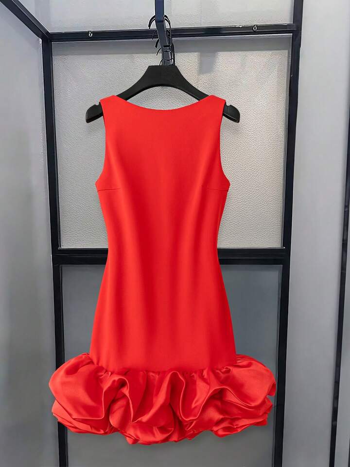 CM-DS336427 Women Elegant Seoul Style Round Neck Sleeveless Ruffle Hem Short A-Line Dress - Red
