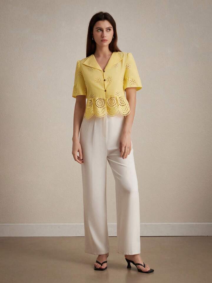 CM-TS061633 Women Casual Seoul Style Hollow Embroidery Turn-Down Collar Shirt - Yellow