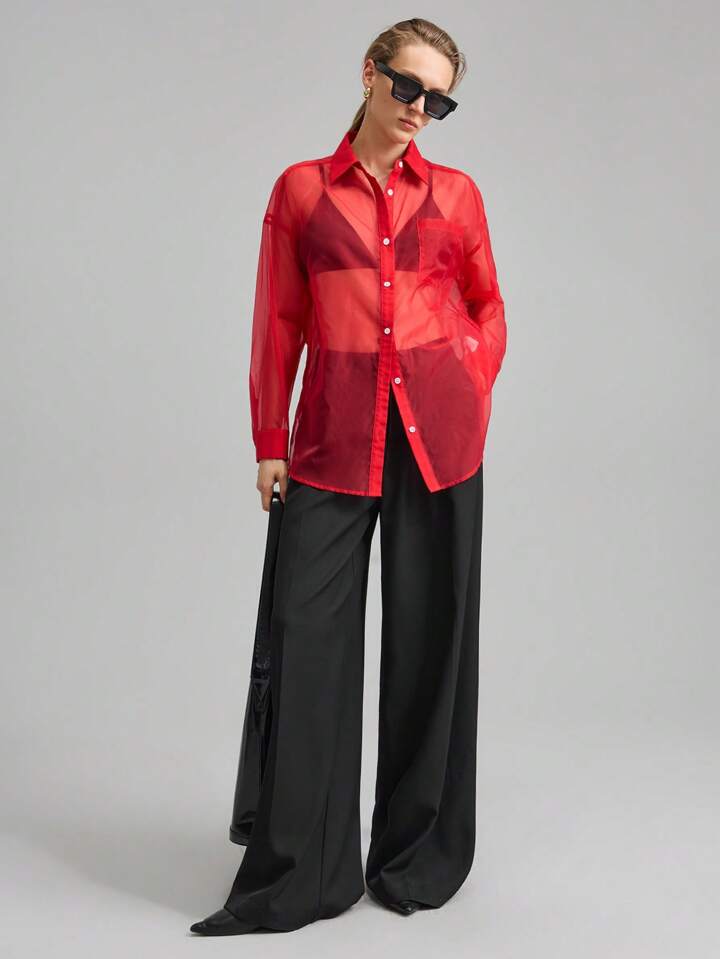 CM-TS755066 Women Elegant Seoul Style Shirt Collar Sheer Long Sleeve Oversized Blouse - Red