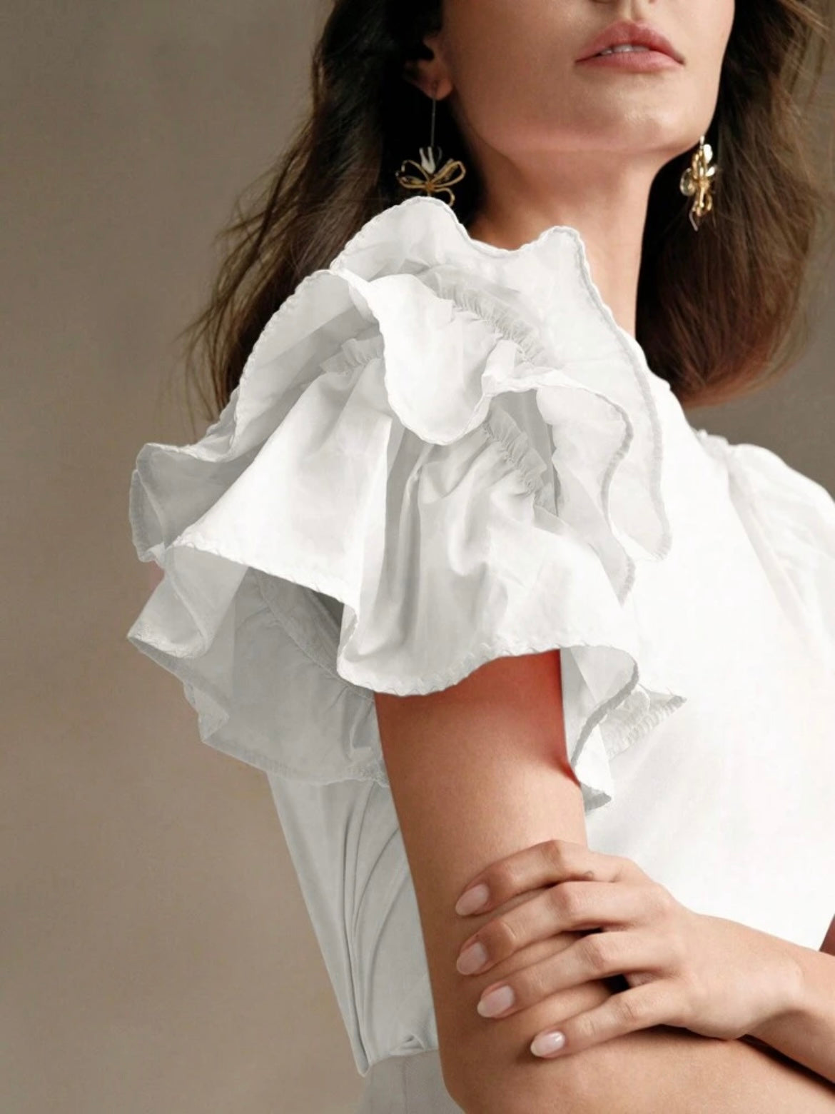 CM-TS528522 Women Casual Seoul Style Round Neck Puff Sleeve Ruffle Hem Splice Short Sleeve T-Shirt
