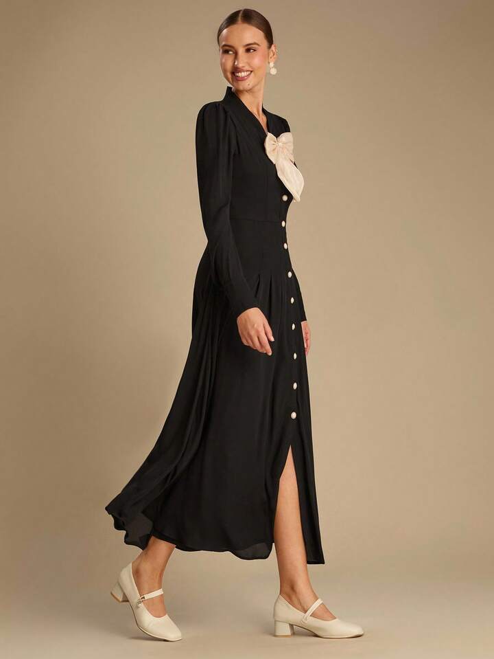 CM-DS166786 Women Elegant Seoul Style Bowknot Decor Tie Neck Long Sleeve Shirt Maxi Dress - Black