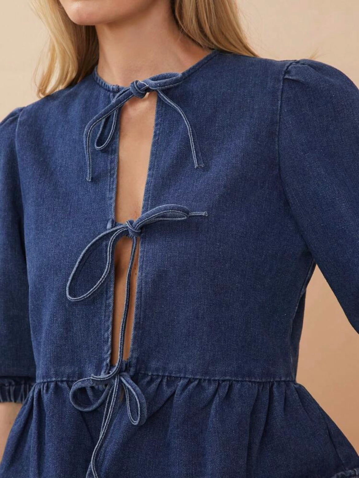 CM-TS940816 Women Casual Seoul Style Elastic Sleeves And Peplum Waist Denim Tie-Front Tops