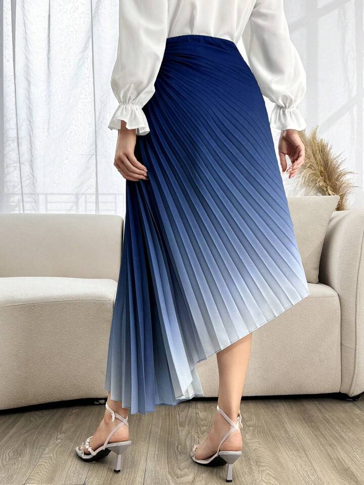 CM-BS558676 Women Elegant Seoul Style High Waist Gradient Color Pleated Skirt - Blue