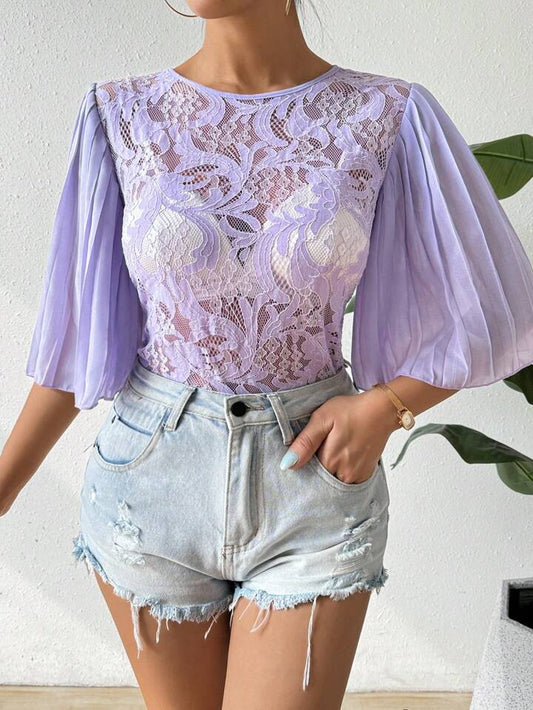 CM-TS558525 Women Trendy Bohemian Style Round Neck Lace Stitching Pleated Sleeves Shirt - Purple