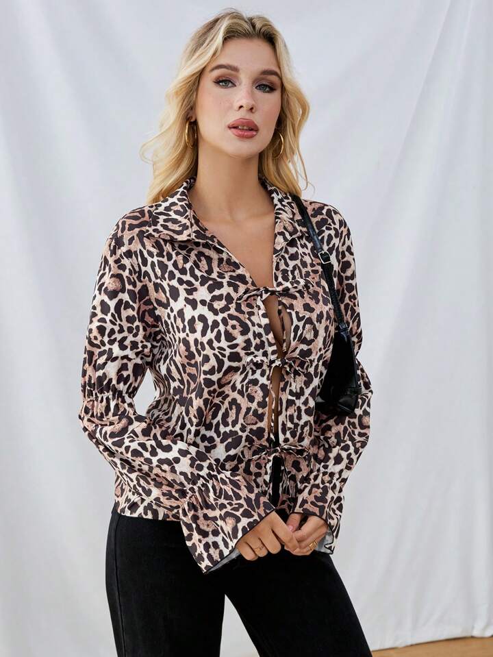 CM-TS060543 Women Casual Seoul Style Textured Pattern Bow Belt Lantern Sleeve Shirt