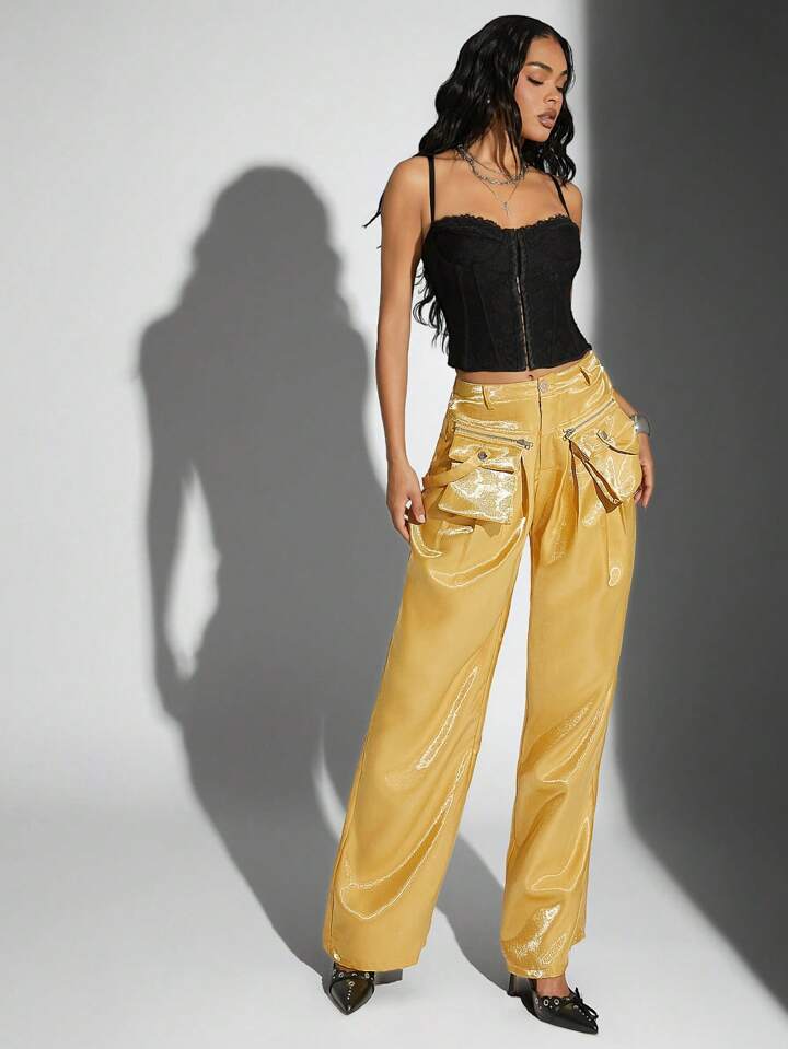 CM-BS021450 Women Elegant Seoul Style High Waist Loose Solid Color Long Straight Leg Pants