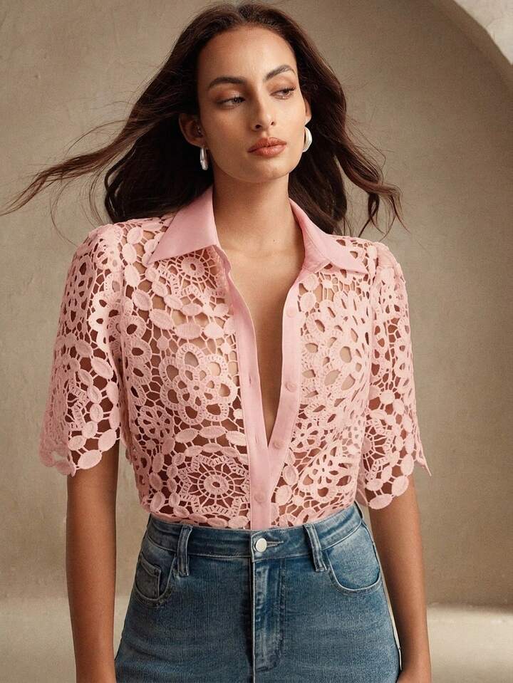 CM-TS474111 Women Casual Seoul Style Collar Neckline Half Sleeve Floral Hollow Out Lace Shirt Blouse - Pink