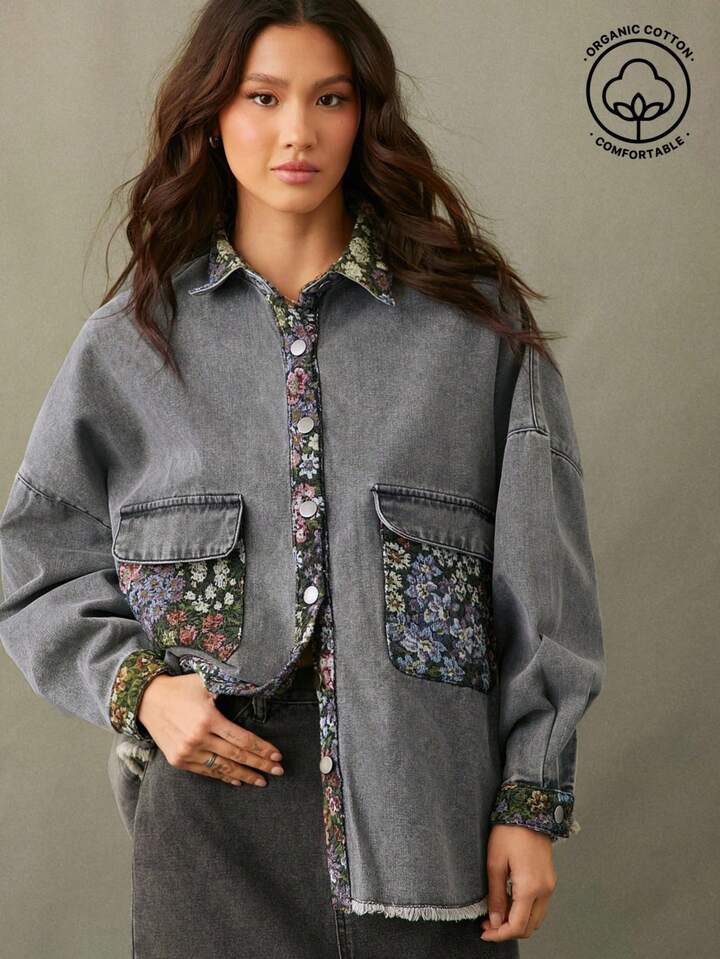 CM-CS041445 Women Casual Seoul Style 3/4 Sleeve Contrast Vintage Floral Tapestry Denim Jacket - Dark Gray