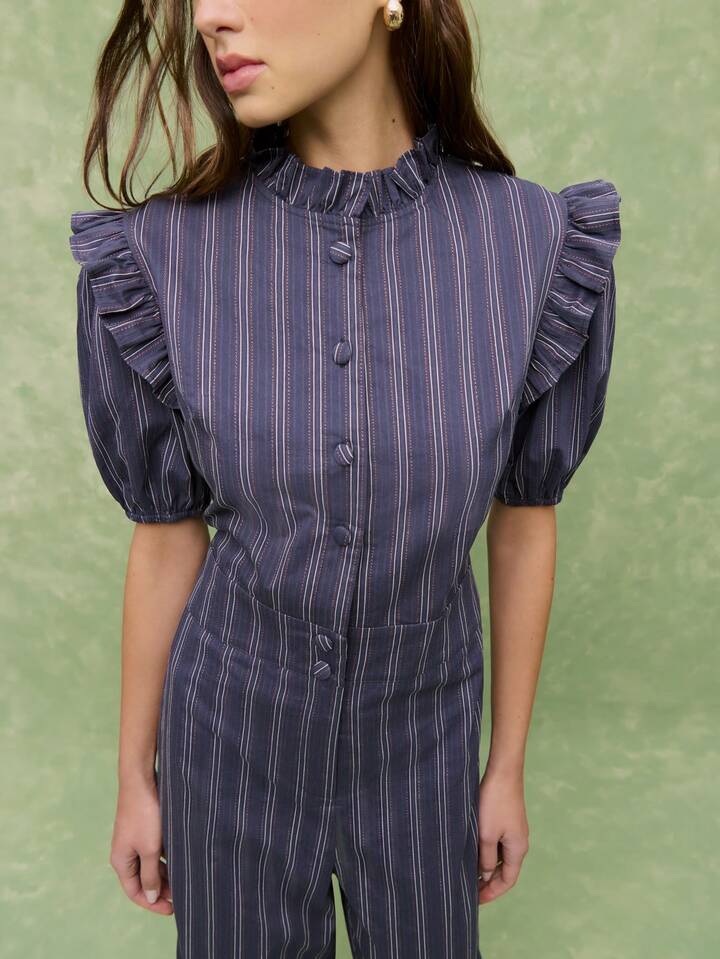 CM-JS316963 Women Casual Seoul Style Ruffled Collar Puff Sleeve Wide Leg Pinstripe Jumpsuit - Navy Blue