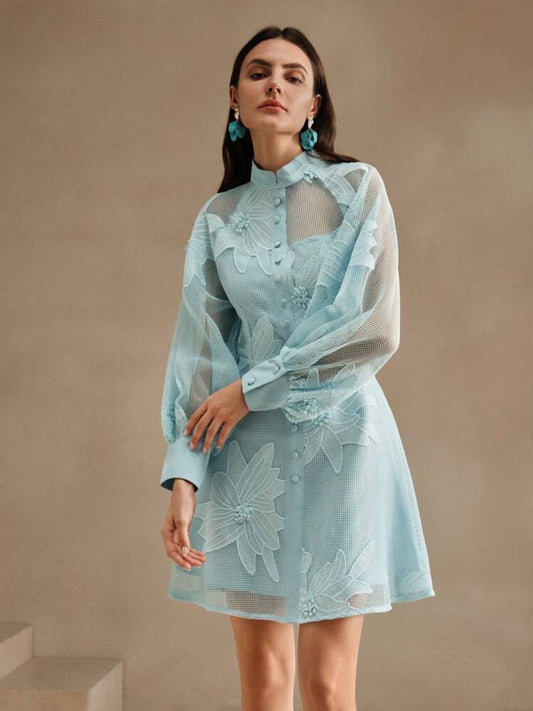 CM-DS852705 Women Elegant Seoul Style Collar Neckline Lace Cinched Waist Lantern Sleeve Dress - Baby Blue