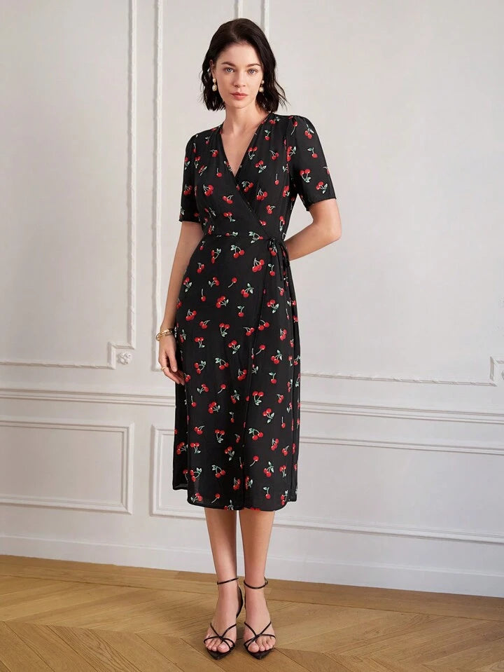 CM-DS467484 Women Trendy Bohemian Style V-Neck Cherry Print A-Line Midi Dress