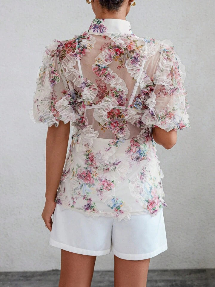 CM-TS719176 Women Trendy Bohemian Style Floral Printed See-Through Short Sleeve Shirt - White